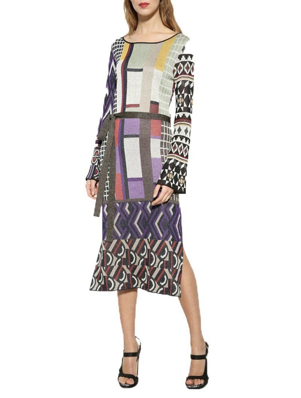 Desigual Celeste Multi-Colored Knit Geometric Midi Dress Size Medium NWT No Belt